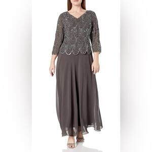 J Kara 3084sew Plus Size 3/4 Sleeve with Scallop Beaded Pop Over